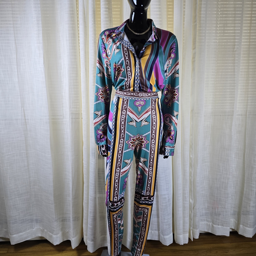 Multicolor Patterned Women's Two Piece Ste